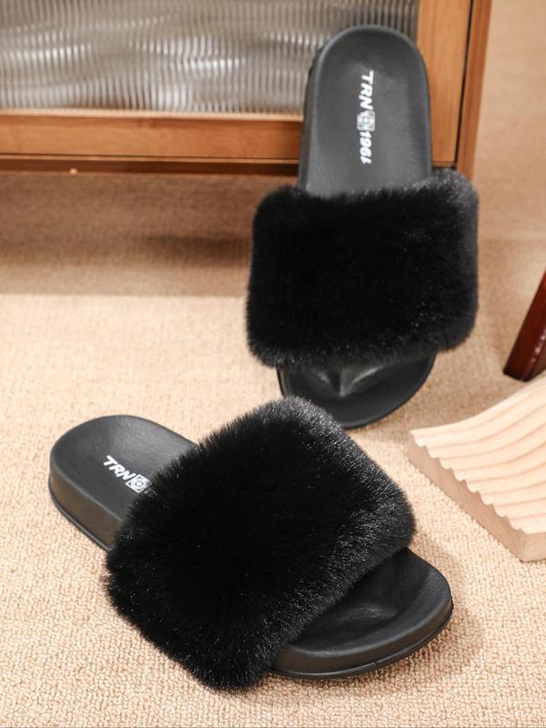 Women's Fashionable Solid Color Fluffy Plush Flat Slippers, Casual Soft Comfortable Home Slippers for Daily Wear, Perfect for Women & Girls for Indoor and Outdoor