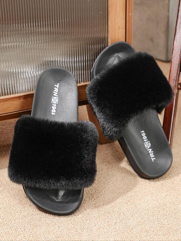 Women's Fashionable Solid Color Fluffy Plush Flat Slippers, Casual Soft Comfortable Home Slippers for Daily Wear, Perfect for Women & Girls for Indoor and Outdoor