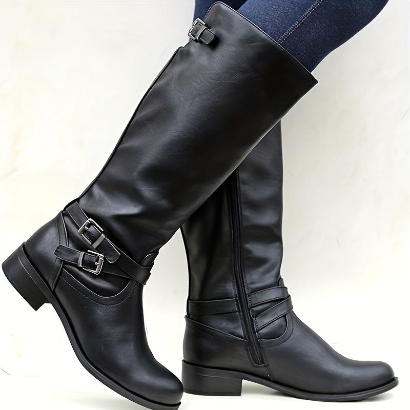 Womens Knee High Boots Wide Calf Flat Low Heel Side Zipper Faux Leather Fashion Winter Riding Boot