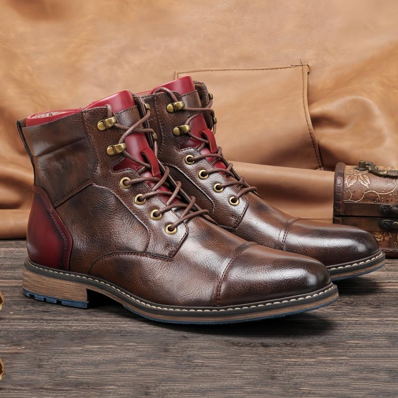 Men's Vintage Cap Toe Lace-up Boots With Side Zipper, Casual PU Leather Walking Shoes