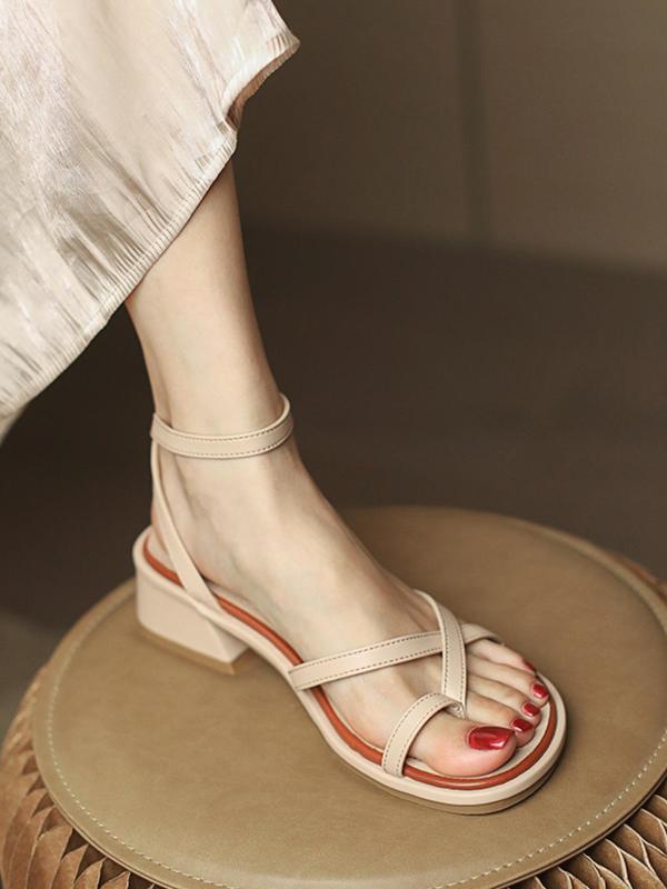 Women's Elegant Asymmetrical Cross Strap Flare Thick Heel Sandals, Fashionable Open Toe Ankle Strap Sandals, Summer 2024 All-match Slingback Sandals