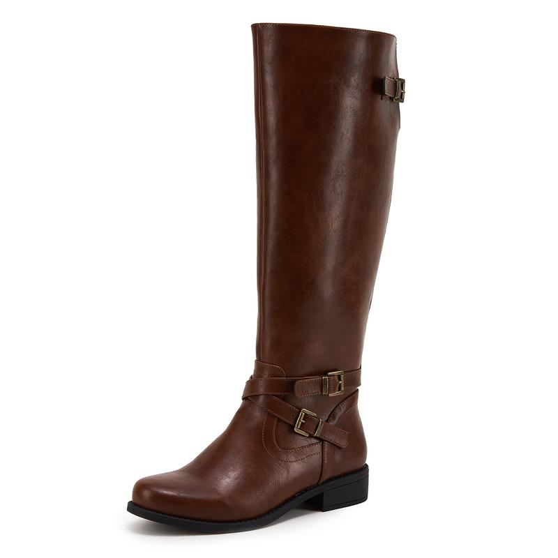 Womens Knee High Boots Wide Calf Flat Low Heel Side Zipper Faux Leather Fashion Winter Riding Boot