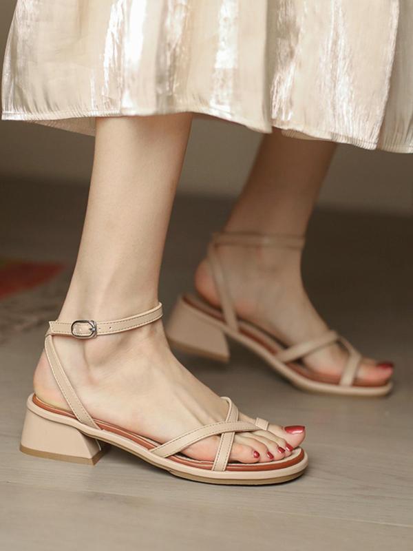 Women's Elegant Asymmetrical Cross Strap Flare Thick Heel Sandals, Fashionable Open Toe Ankle Strap Sandals, Summer 2024 All-match Slingback Sandals