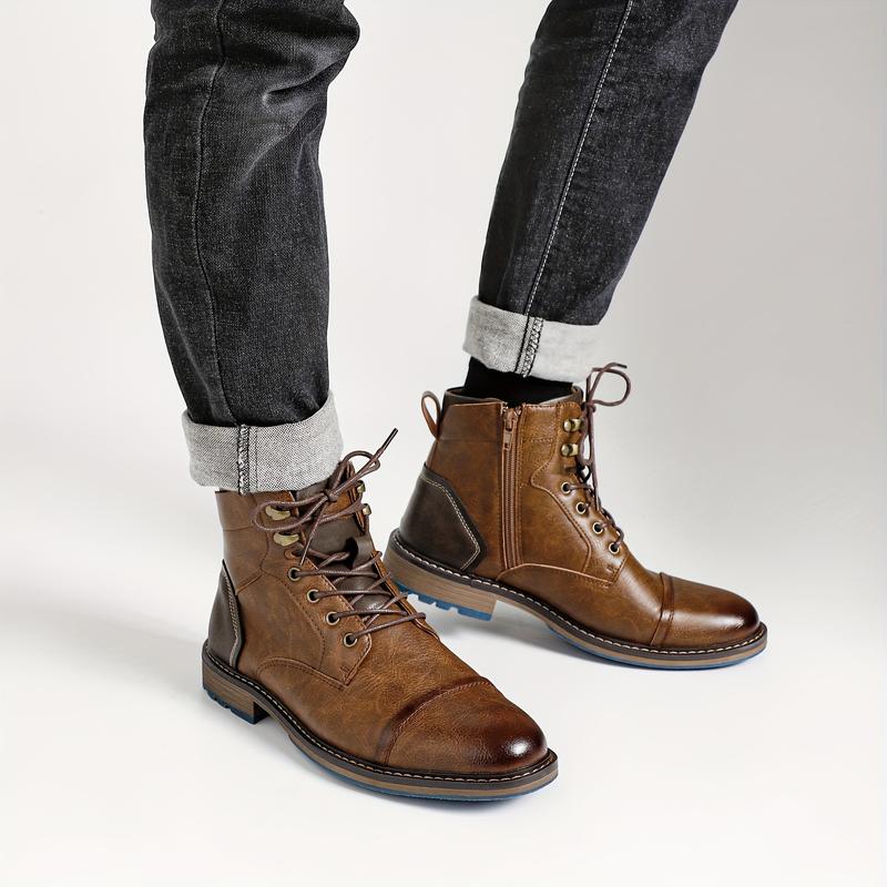 Men's Vintage Cap Toe Lace-up Boots With Side Zipper, Casual PU Leather Walking Shoes