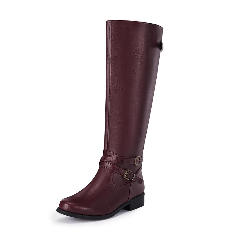 Womens Knee High Boots Wide Calf Flat Low Heel Side Zipper Faux Leather Fashion Winter Riding Boot