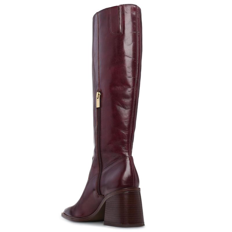 Dark Mahogany Women's Knee High Boots with Zipper Burgundy Chunky Block Heel Long Boots for Women Casual Square Toe Wide Calf Boots Low Heel Womens Boots