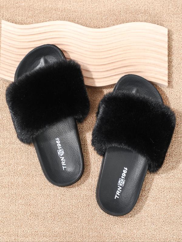 Women's Fashionable Solid Color Fluffy Plush Flat Slippers, Casual Soft Comfortable Home Slippers for Daily Wear, Perfect for Women & Girls for Indoor and Outdoor