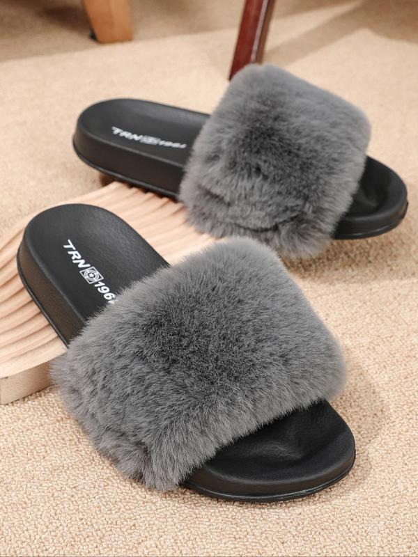 Women's Fashionable Solid Color Fluffy Plush Flat Slippers, Casual Soft Comfortable Home Slippers for Daily Wear, Perfect for Women & Girls for Indoor and Outdoor