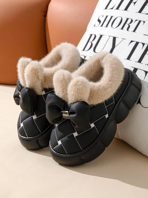 Women's Cute Bowknot Design Plush Lined Slipper Boots, Casual Soft Comfortable Home Slippers, Thick Sole Waterproof Warm Shoes for Indoor & Outdoor Use for Fall & Winter Fluffy Slippers