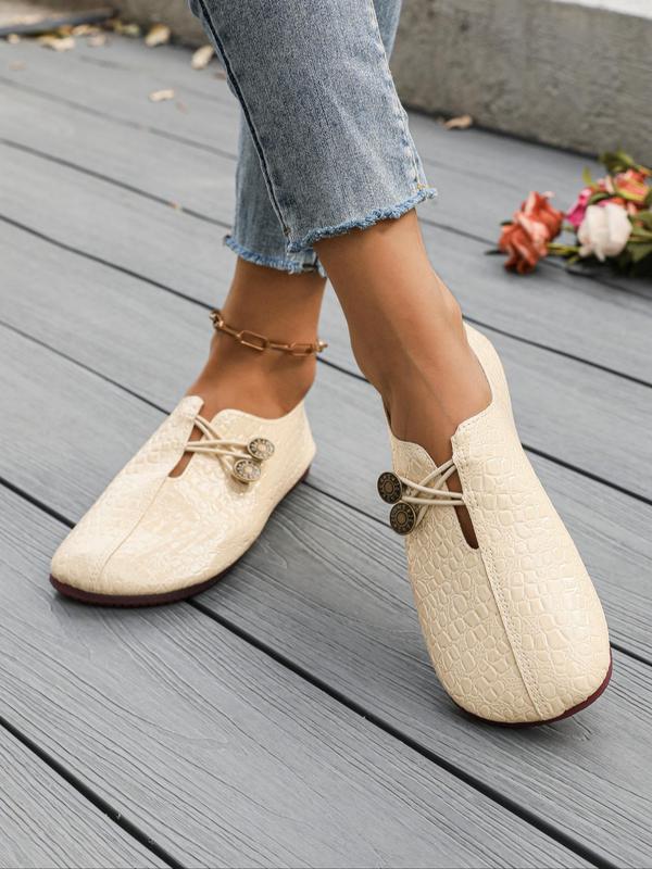 Women's Fashionable Crocodile Embossed Button Decorated Flat Shoes, Casual Comfortable Round Toe Shoes for Daily Wear, Lightweight Breathable Shoes for All Seasons