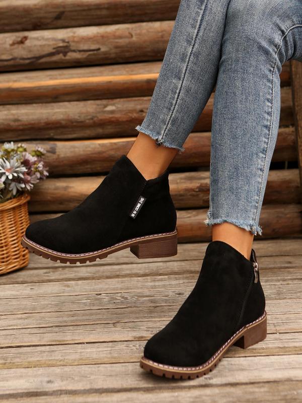 Women's Fashionable Letter Label Patched Design Ankle Boots, Casual Comfortable Side Zipper Boots for Fall & Winter, Female All-match Trendy Shoes for Daily Wear