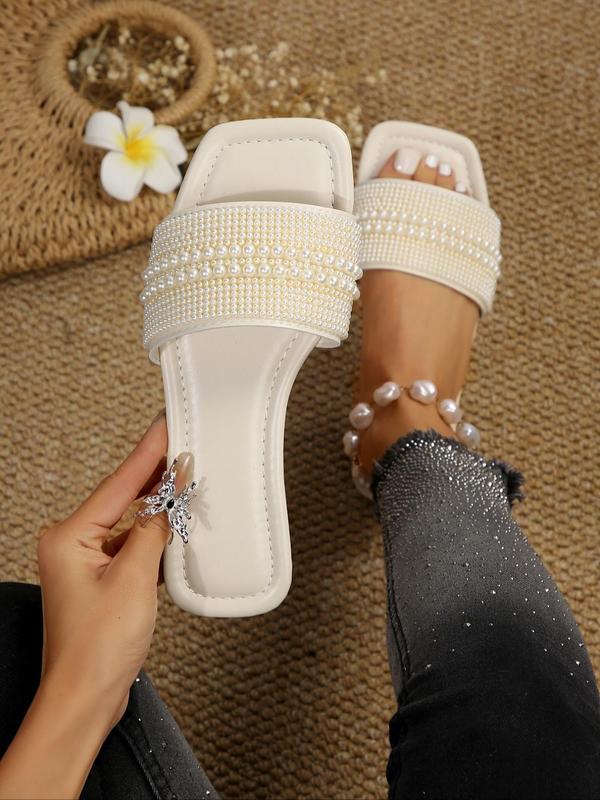 Women's Faux Pearl Decorated Flat Sandals for Women & Girls, Casual Versatile Luxury Design Square Toe Sandals for Beach Vacation, Lightweight Comfy Shoes for Daily Everyday Wear