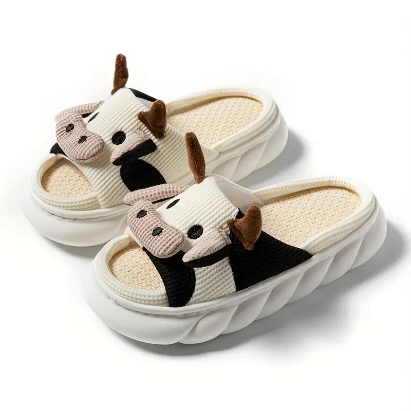 Black Friday Slippers 1 Pair Cozy Home Slippers for Women - Cartoon Cow Decoration, Plush Cross Strap, Indoor House Shoes, EVA Soft Sole, Linen Lining, Fabric Upper, Minimalist Style, Non-Slip, Quiet, Winter Slip-On Slides