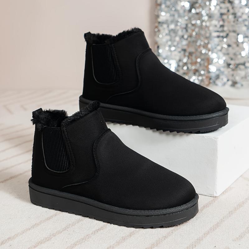 Cozy Soft Women's Solid Color Short Boots - Ultra Comfortable, Plush Lined, Slip-On, Warm Winter Boots for Casual Daily Wear - Perfect for Cold Weather, Outdoor Activities Girl Walking Shoes Footwear Rubber Platform Flat Insole Onyx