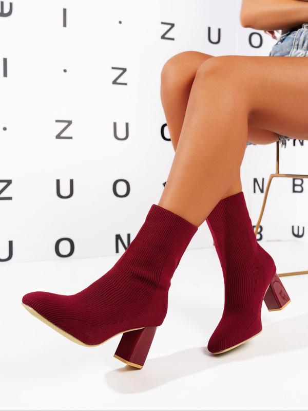 Women's Fashionable Solid Color Knitted Boots, Casual Block Heel Pointed Toe Boots for Daily Wear, Fashionable Heeled Boots for Fall & Winter