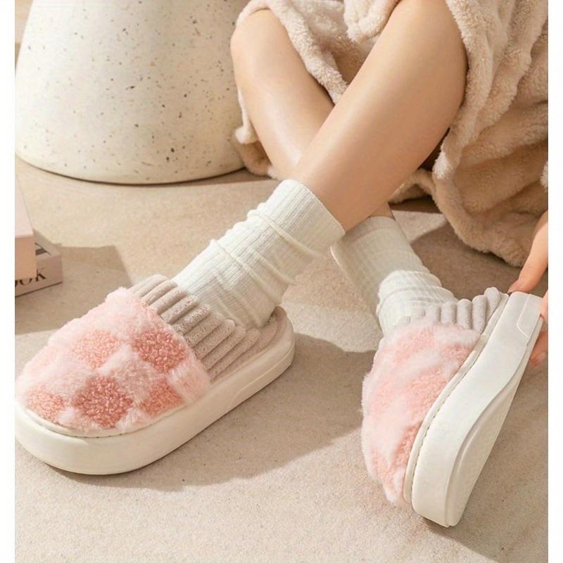 Plush Slippers for Women Men Plaid Cuff Warm Fuzzy Fleece Slipper Cozy Memory Foam Checkered Home Shoes Non-Slip