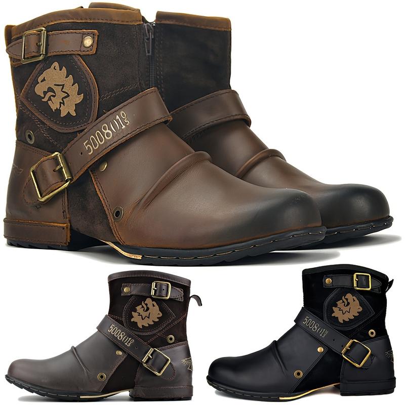 Men's Vintage-Inspired Mid-Calf Boots with Dual Buckle Straps and Side Zipper - Casual Round Toe, All-Season Wear