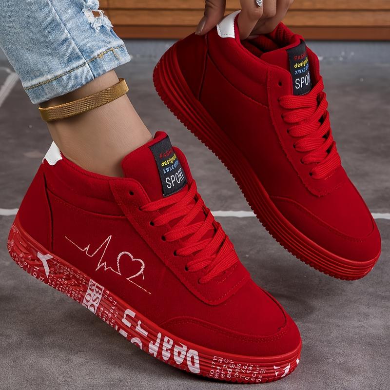 Women's Solid Color Casual Sneaker, Heart Shape Printed Soft Back Thick Back Skateboard Shoes, Valentine's Day Low-Top Shoes