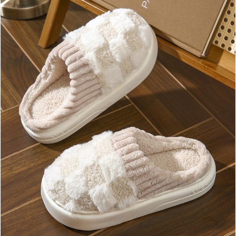 Plush Slippers for Women Men Plaid Cuff Warm Fuzzy Fleece Slipper Cozy Memory Foam Checkered Home Shoes Non-Slip