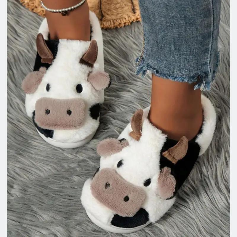 Cotton slippers for women,Cute Cow House Slippers, Warm Plush Lined Home Slippers, Cozy Indoor Shoes Footwear Flipflop