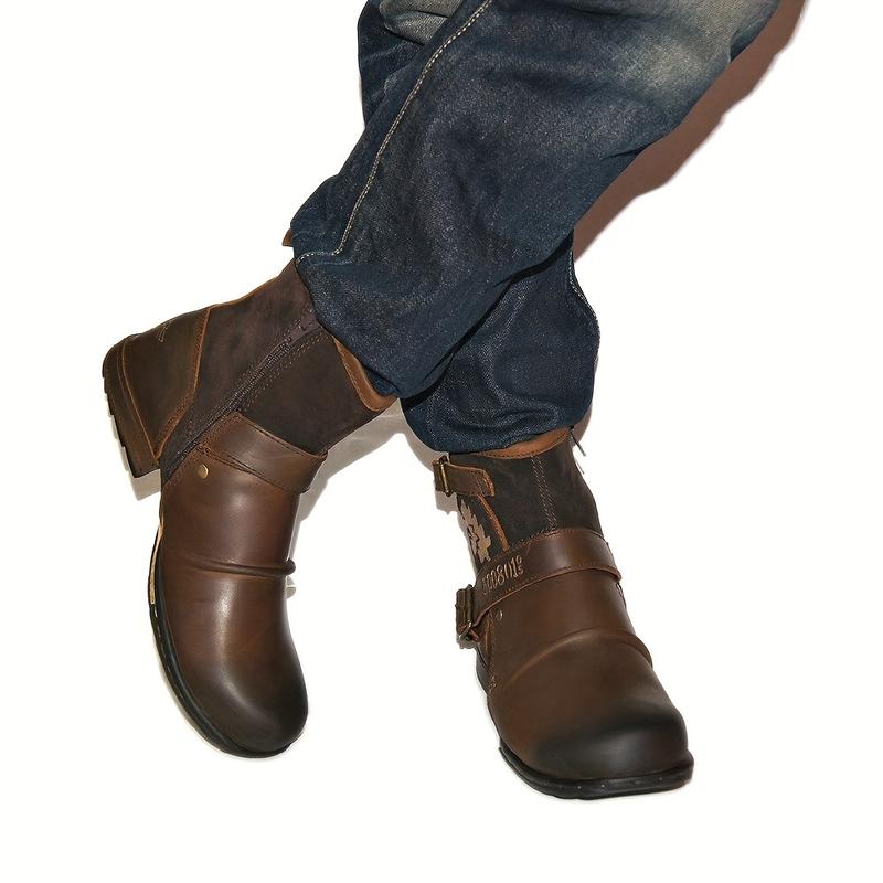 Men's Vintage-Inspired Mid-Calf Boots with Dual Buckle Straps and Side Zipper - Casual Round Toe, All-Season Wear