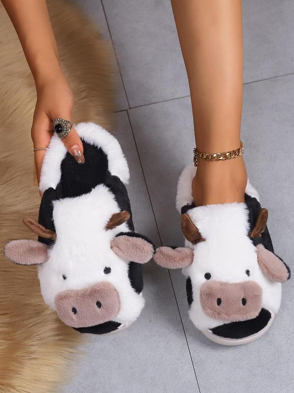 Women's Best-selling Cute Cartoon Fuzzy Cow Slippers, Fluffy Soft Comfy Cozy Bedroom Slippers for Fall & Winter Footwear, Female Indoor Round Toe Warm Novelty House Slippers for Girl