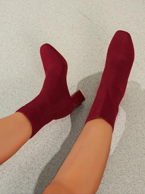 Women's Fashionable Solid Color Knitted Boots, Casual Block Heel Pointed Toe Boots for Daily Wear, Fashionable Heeled Boots for Fall & Winter