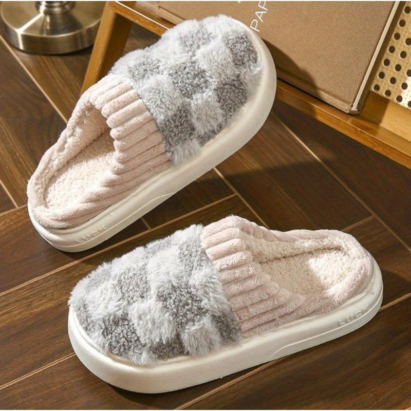 Plush Slippers for Women Men Plaid Cuff Warm Fuzzy Fleece Slipper Cozy Memory Foam Checkered Home Shoes Non-Slip