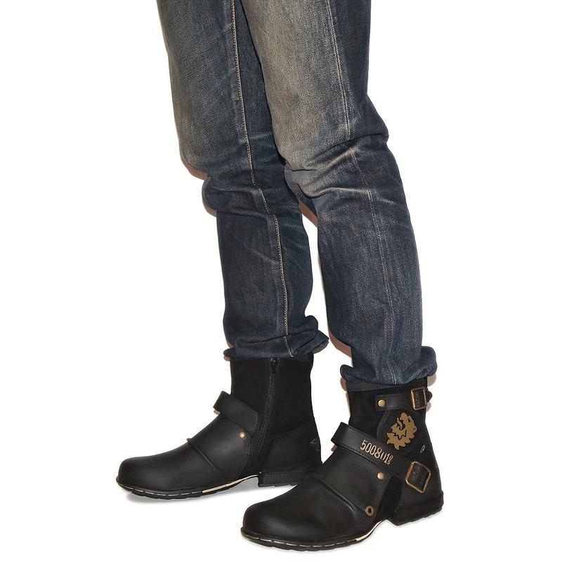 Men's Vintage-Inspired Mid-Calf Boots with Dual Buckle Straps and Side Zipper - Casual Round Toe, All-Season Wear