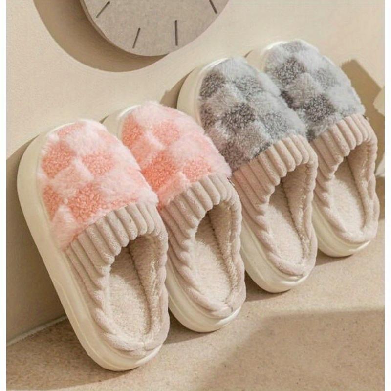 Plush Slippers for Women Men Plaid Cuff Warm Fuzzy Fleece Slipper Cozy Memory Foam Checkered Home Shoes Non-Slip