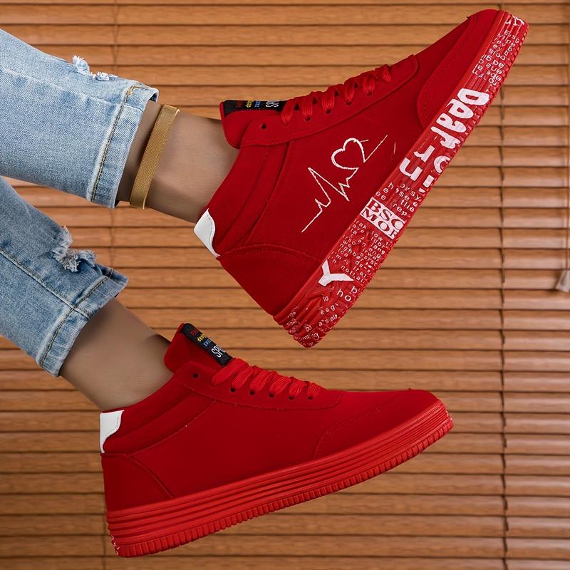 Women's Solid Color Casual Sneaker, Heart Shape Printed Soft Back Thick Back Skateboard Shoes, Valentine's Day Low-Top Shoes