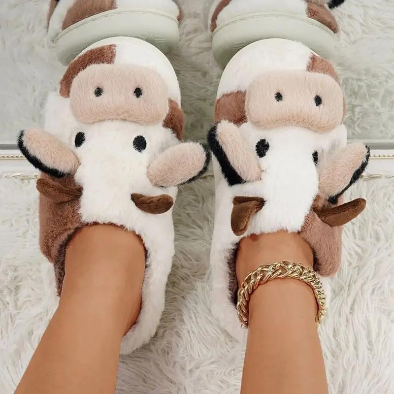 Cotton slippers for women,Cute Cow House Slippers, Warm Plush Lined Home Slippers, Cozy Indoor Shoes Footwear Flipflop