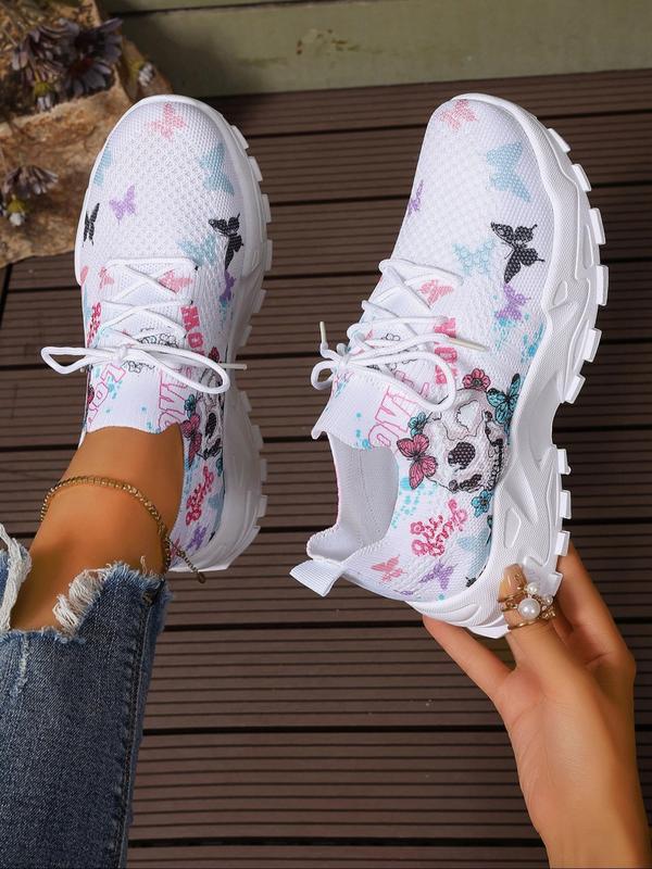 Women's Fashionable Butterfly & Skull Print Lace Up Low Top Sneakers, Casual Comfortable Breathable Sports Running Shoes, All-match Basic Shoes for Daily Wear