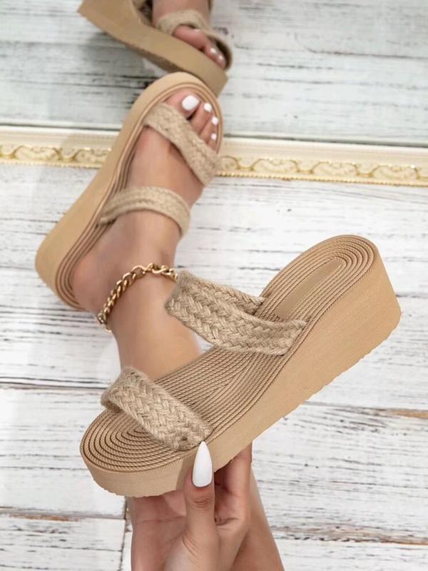 Women's Boho Braided Design Slide Sandals, 1 Pair Casual Trendy Wedge Espadrilles Shoes Sandals, Summer 2024 Fashion Two Strap Sandals for Beach Vacation