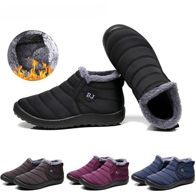 Mens Waterproof Womens Winter Snow Ankle Boots Fur Lined Slip On Outdoor Shoes