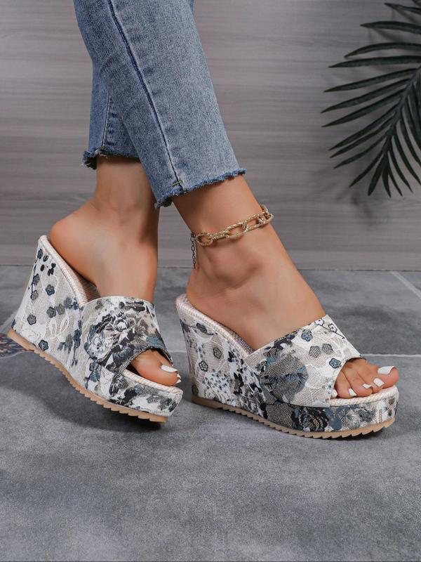 Women's Fashion Floral Pattern Slip on Wedge Sandals, Boho Style Casual Vacation Beach Sandals, Trendy Shoes for Summer