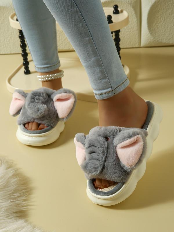 Women's Cute Cartoon Elephant Design Plush Slippers, Casual Soft Comfortable Home Slippers, Warm Slippers for Indoor & Outdoor Use for Fall & Winter