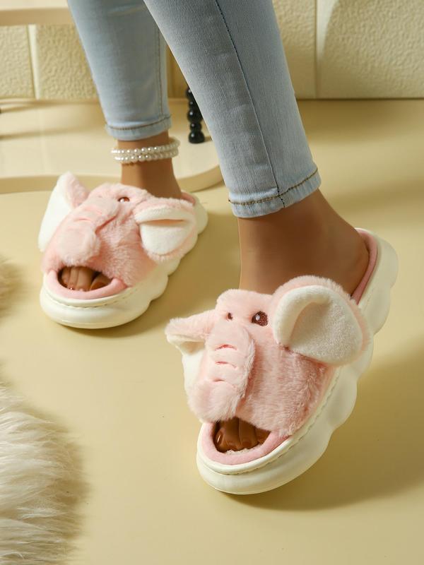 Women's Cute Cartoon Elephant Design Plush Slippers, Casual Soft Comfortable Home Slippers, Warm Slippers for Indoor & Outdoor Use for Fall & Winter