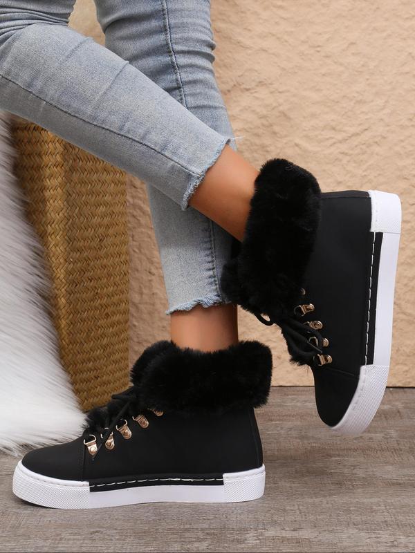 Women's Fashionable Lace Up Ankle Boots, Casual Warm Snow Boots for Outdoor, Female All-match Trendy Shoes for Fall & Winter