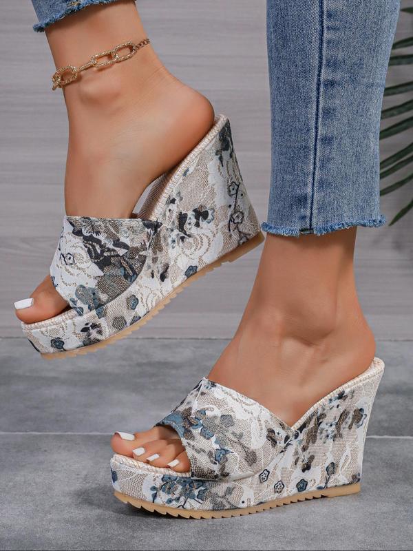 Women's Fashion Floral Pattern Slip on Wedge Sandals, Boho Style Casual Vacation Beach Sandals, Trendy Shoes for Summer