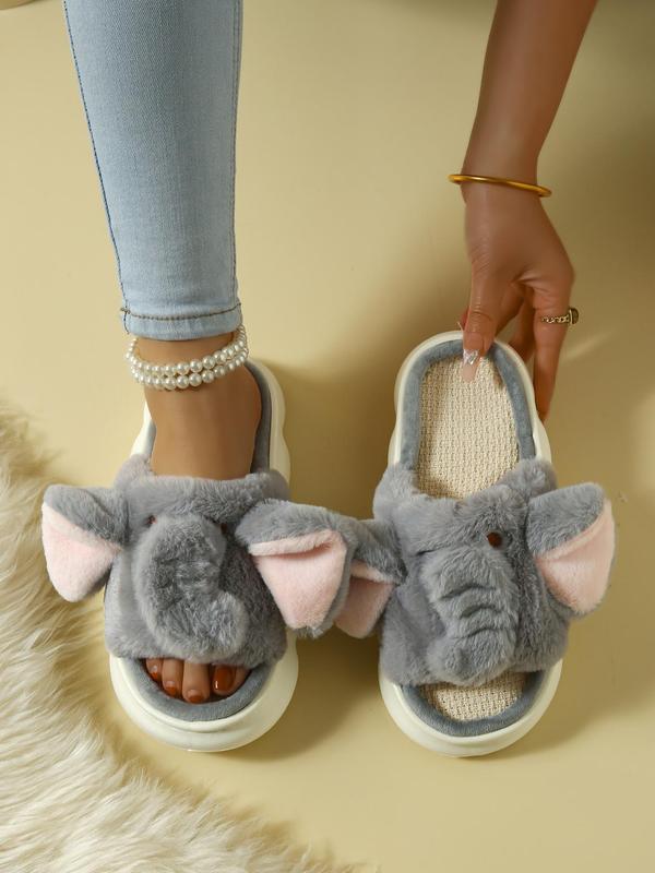 Women's Cute Cartoon Elephant Design Plush Slippers, Casual Soft Comfortable Home Slippers, Warm Slippers for Indoor & Outdoor Use for Fall & Winter