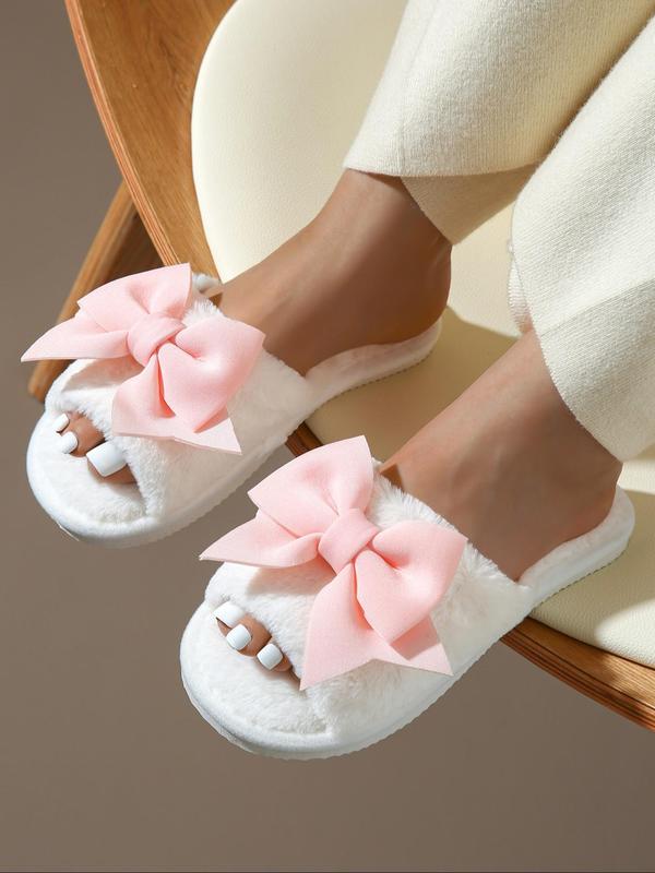 Cute Bowknot Design Plush Fluffy Slippers for Women, Designer Slides, Fuzzy Designer Slides, Soft Comfy House Slippers for Women & Girls, Warm Home Slippers for Fall & Winter for Back To School, Fall Outfits, Fall Freshness