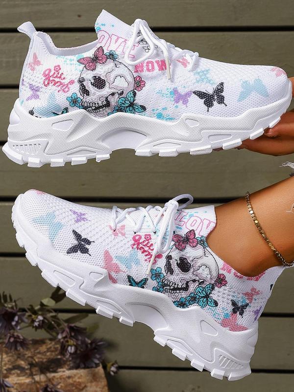 Women's Fashionable Butterfly & Skull Print Lace Up Low Top Sneakers, Casual Comfortable Breathable Sports Running Shoes, All-match Basic Shoes for Daily Wear