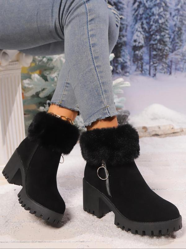 Women's Solid Color Side Zipper Design Plush Snow Boots, Fashionable Warm Thick Sole Boots for Winter, Comfortable and Versatile Boots for Daily Wear