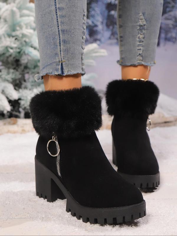 Women's Solid Color Side Zipper Design Plush Snow Boots, Fashionable Warm Thick Sole Boots for Winter, Comfortable and Versatile Boots for Daily Wear