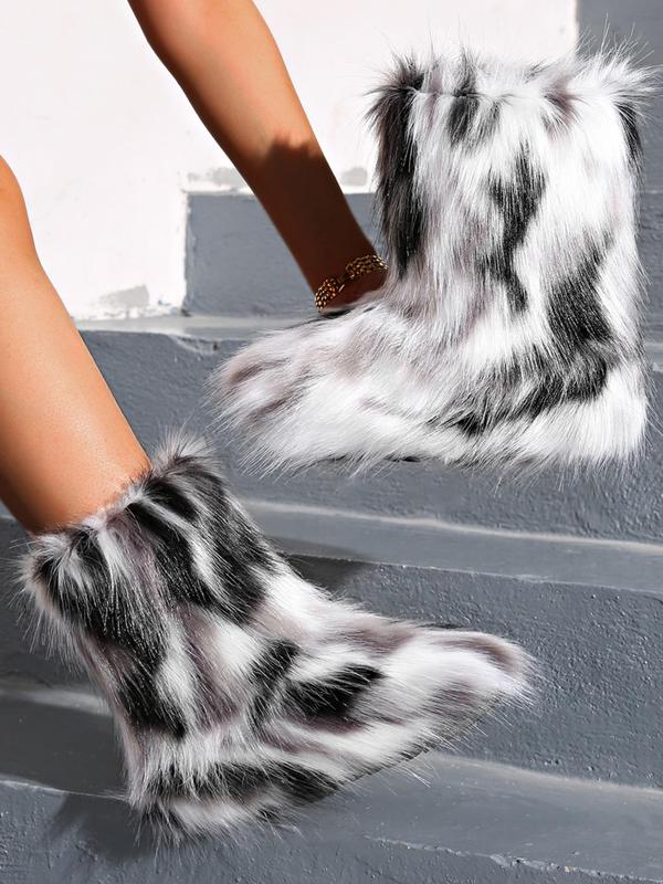 Women's Fashionable Tie Dye Print Fluffy Lined Boots, Casual Warm Fuzzy Ankle Boots for Fall & Winter, Female All-match Trendy Shoes for Daily Wear