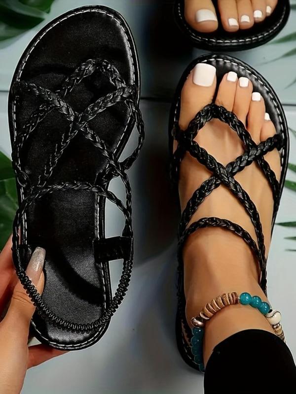 Women's Fashionable Criss Cross Braid Design Slip on Sandals, Casual Beach Sandals for Summer 2024, Non-slip Pu Leather Flat Sandals