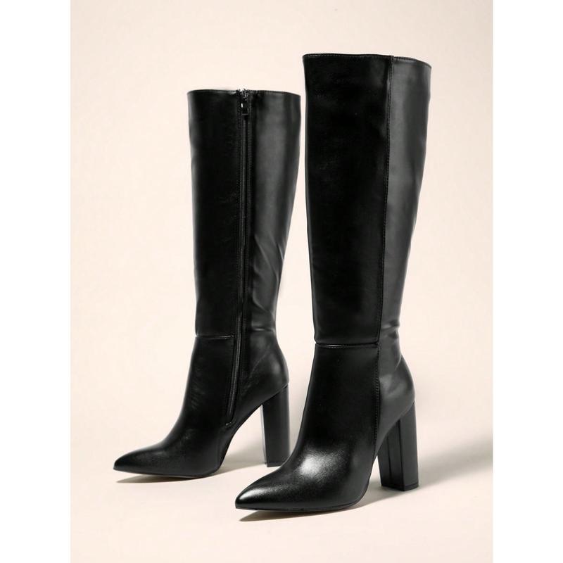 Women's Pointed Toe Chunky Heel Over The Knee Boots, Ladies Leather High Boots With Side Zipper For Autumn And Winter, Sexy Classic Knee High Boots In Black Shoe Walking Shoes