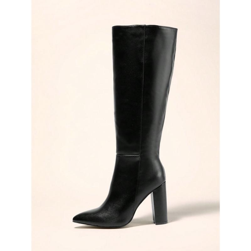 Women's Pointed Toe Chunky Heel Over The Knee Boots, Ladies Leather High Boots With Side Zipper For Autumn And Winter, Sexy Classic Knee High Boots In Black Shoe Walking Shoes