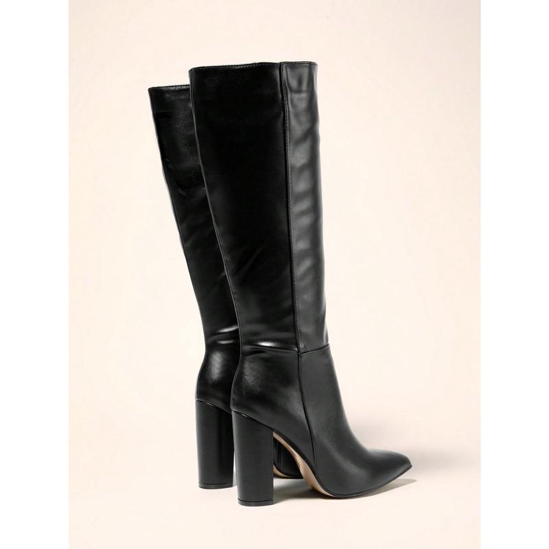 Women's Pointed Toe Chunky Heel Over The Knee Boots, Ladies Leather High Boots With Side Zipper For Autumn And Winter, Sexy Classic Knee High Boots In Black Shoe Walking Shoes